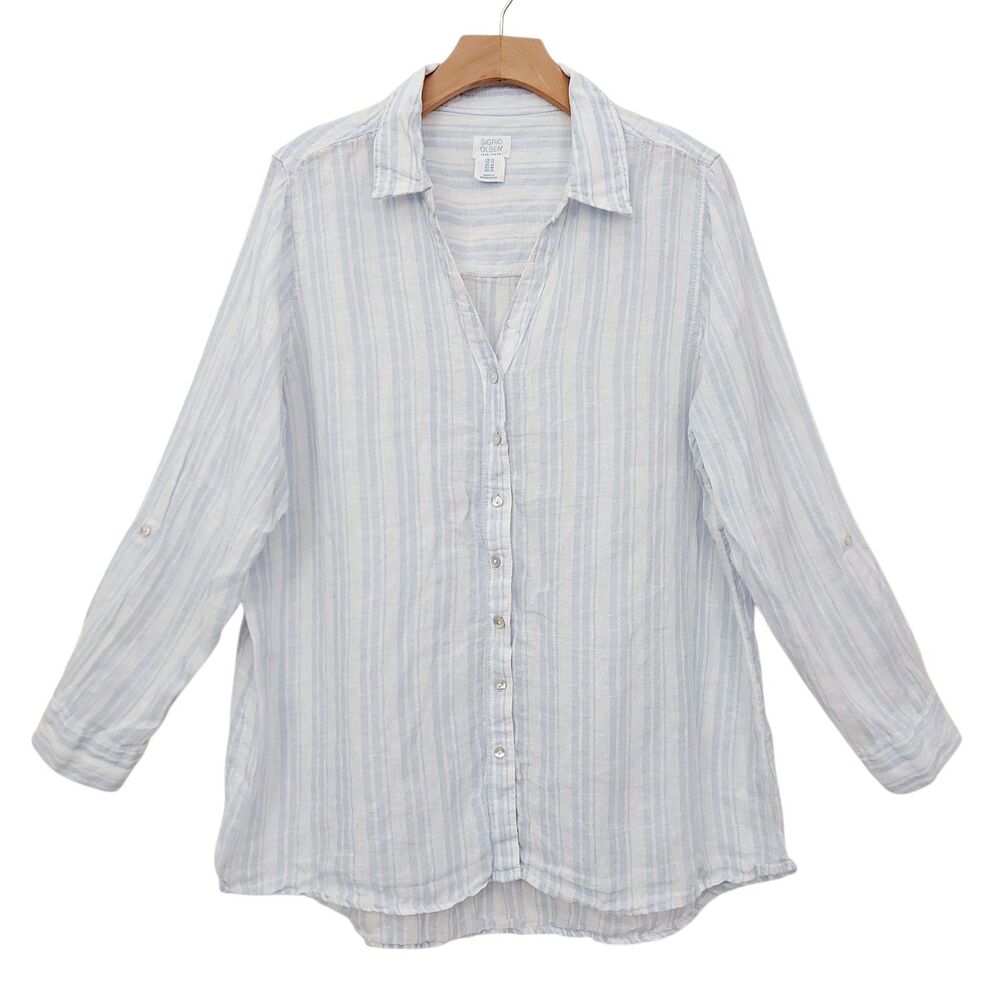 Sigrid Olsen Womens 1X Blue Shirt Striped 100% Linen Roll Tab Sleeve Nautical